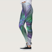Leggings Fleur verte abstraite moderne fractale violette (Gauche)
