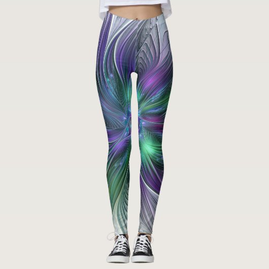 Leggings Fleur verte abstraite moderne fractale violette (Devant)