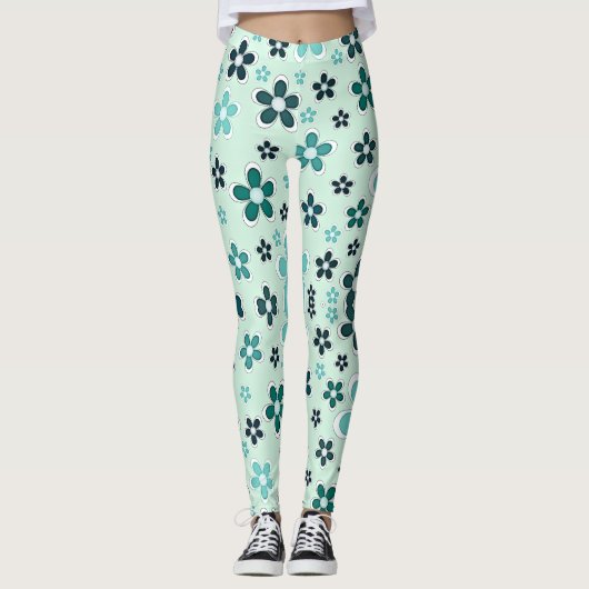 Leggings Fleur verte et bleue sur arrière - plan vert clair (Devant)