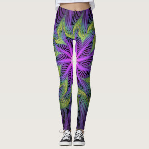 Leggings Fleur verte violette Art abstrait fractal moderne