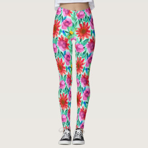 Leggings Fleurs à l'aquarelle en sarcelle, rouge et rose