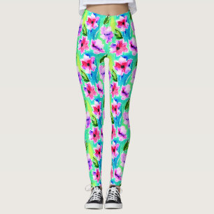 Leggings Fleurs à l'aquarelle verte, rose et bleue