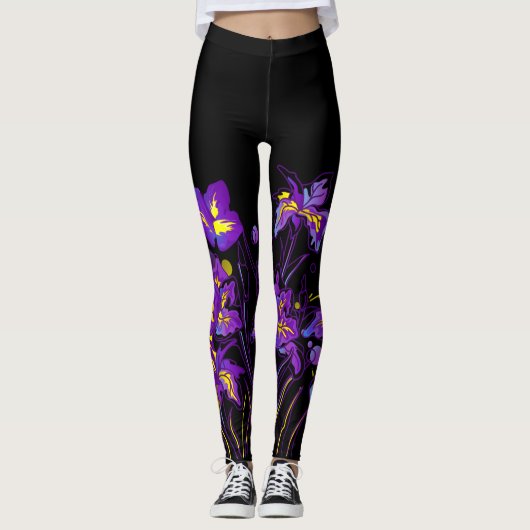 Leggings Fleurs Abstraites Iris sur couleur noire (Devant)