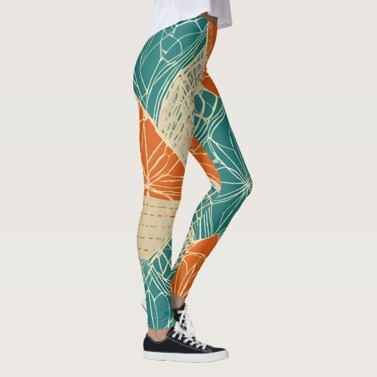 Leggings Fleurs abstraites sarcelle, orange et beige (Droite)