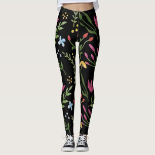 Leggings Fleurs Aquarelle Noir Rose Bleu Jaune