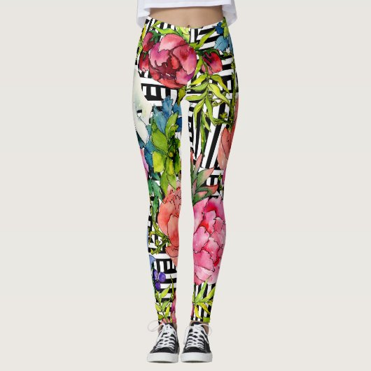Leggings Fleurs aquarelles Motif blanc noir géométrique (Devant)