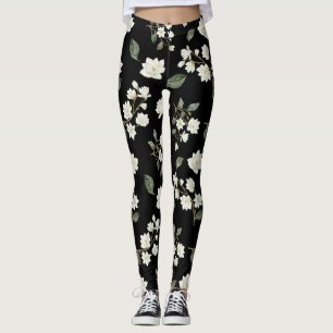 Leggings Fleurs blanches de Magnolia sur pattes noires