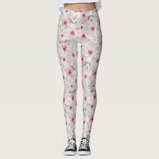Leggings Fleurs blanches et roses délicates (Devant)