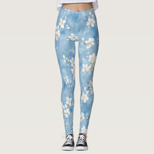 Leggings Fleurs blanches jolies bleu ciel (Devant)