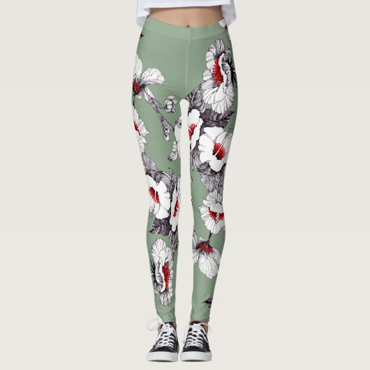Leggings Fleurs blanches rouges sans joint : décoration ver (Devant)