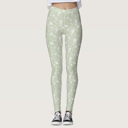 Leggings Fleurs blanches vertes romantiques (Devant)