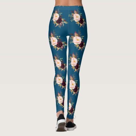 Leggings Fleurs bleues bordeaux Motif bleu océan (Dos)