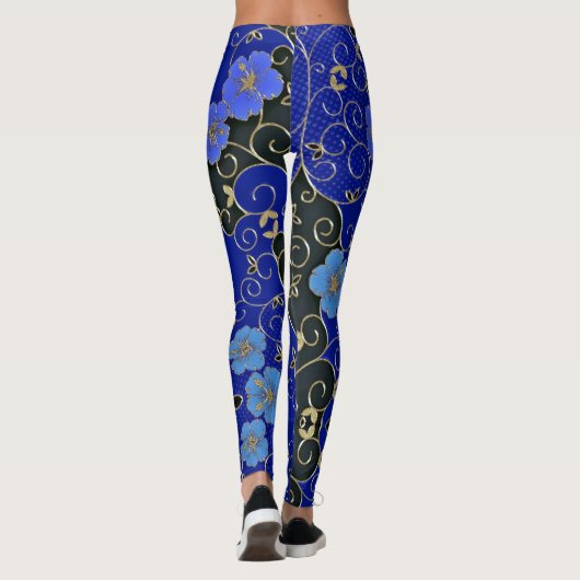 Leggings Fleurs Bleues Élégantes Avec Feuilles Or Et Fils (Dos)