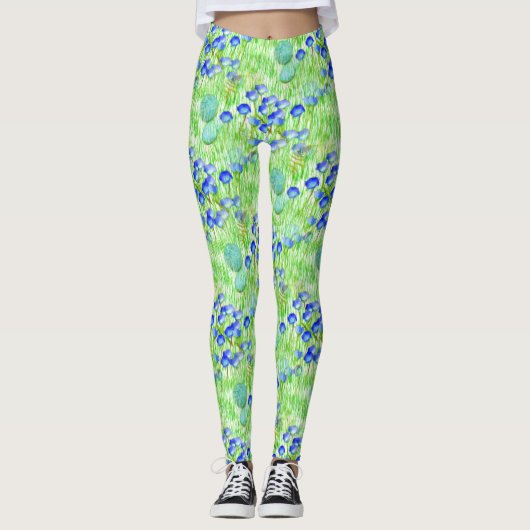 Leggings Fleurs Bleues Et Grass Motif D'Art Naturel (Devant)