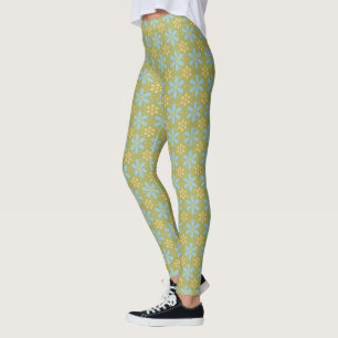 Leggings Fleurs bleues et jaunes Abstraites rétro sur vert