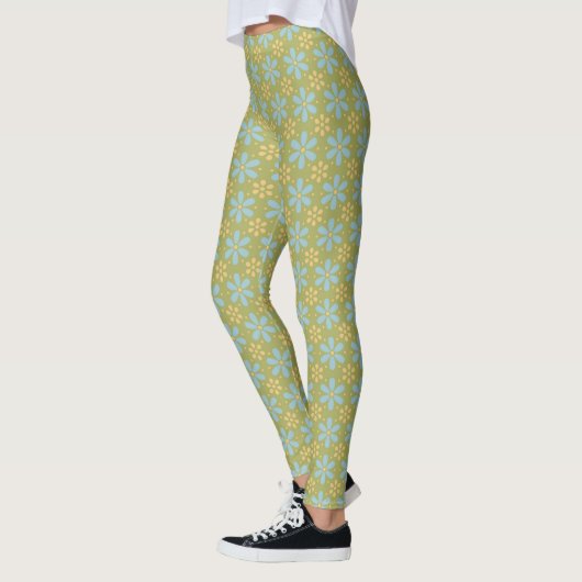 Leggings Fleurs bleues et jaunes Abstraites rétro sur vert (Gauche)