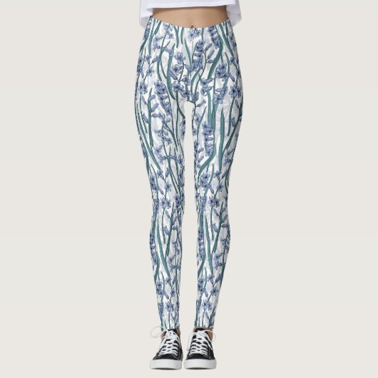 Leggings Fleurs Blue Hyacinth sur blanc (Devant)