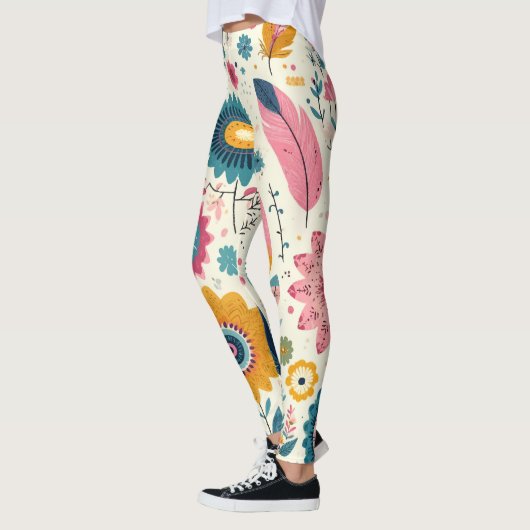Leggings Fleurs Bohémiennes mignonnes Plumes Imprimer (Gauche)