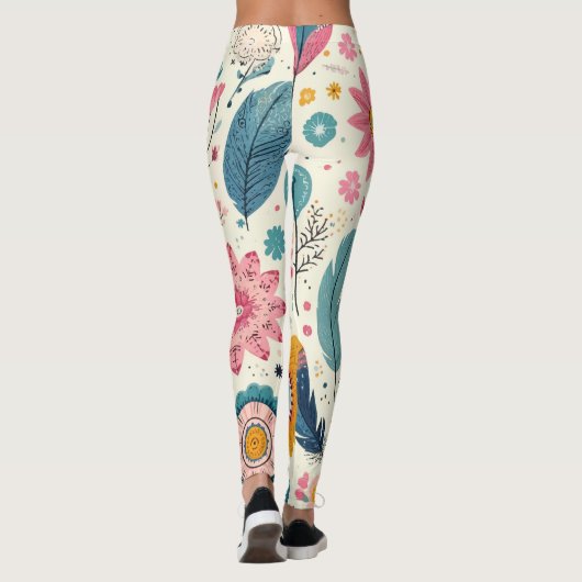 Leggings Fleurs Bohémiennes mignonnes Plumes Imprimer (Dos)