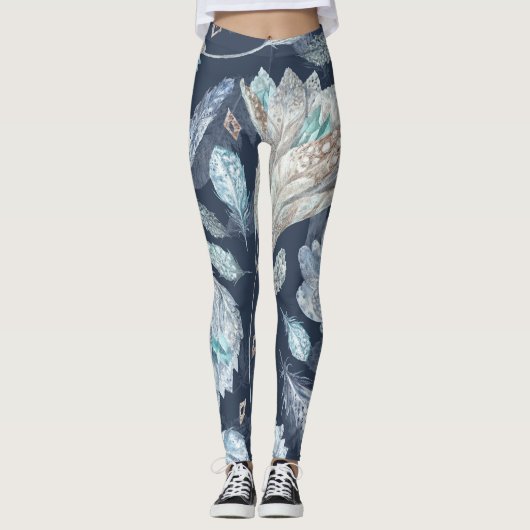 Leggings Fleurs Boho Chic : Aquarelle bleu foncé P (Devant)
