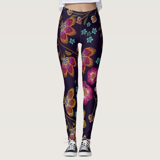 Leggings Fleurs brodées : mode sans couture motif (Devant)