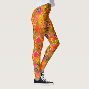 Leggings Fleurs colorées et paisley orange