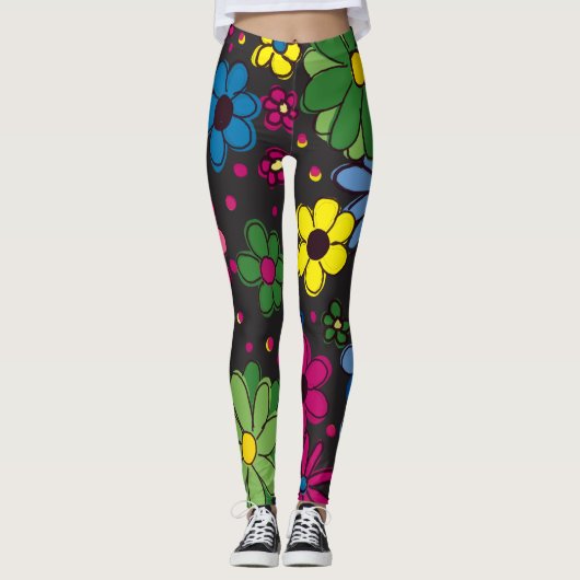 Leggings Fleurs colorées mignonnes sur le noir (Devant)
