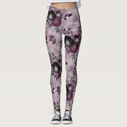 Leggings Fleurs d'aquarelle bordeaux. (Devant)