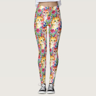 Leggings Fleurs d'aquarelle et chats en gros colorés
