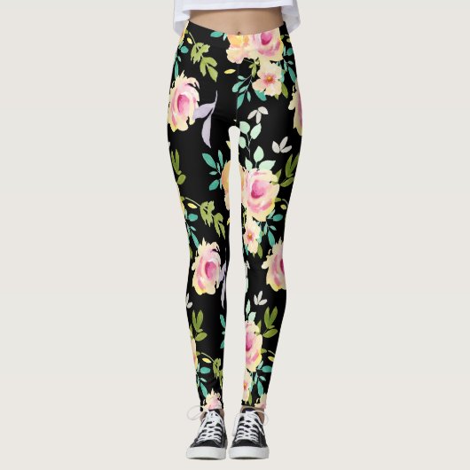 Leggings Fleurs d'aquarelle rose et rose (Devant)