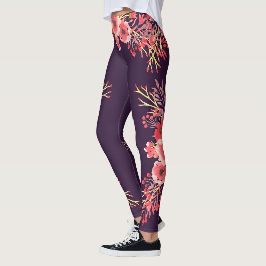 Leggings Fleurs d'aquarelle rose tendance et violet (Gauche)