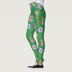 Leggings Fleurs d'art populaire Whimsical sur vert