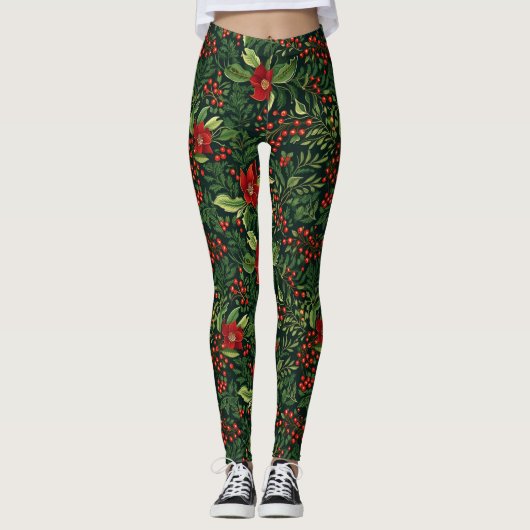 Leggings Fleurs de baies de Noël (Devant)