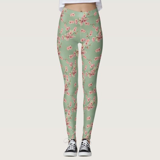 Leggings Fleurs de cerisiers en rose et Turquoise (Devant)