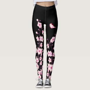 Leggings Fleurs de cerisiers Floral rose noir