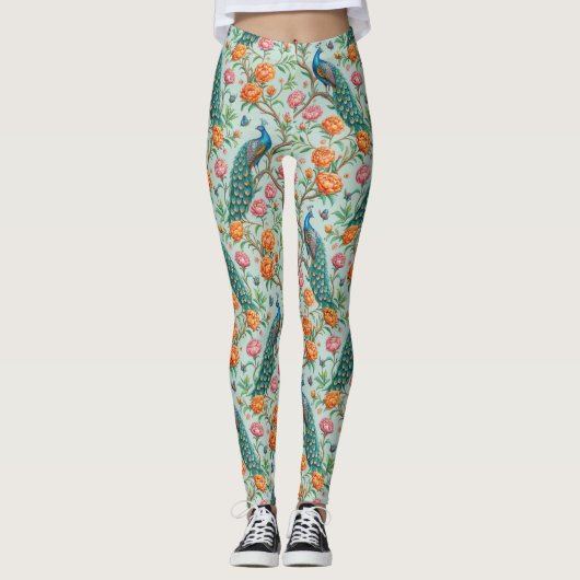 Leggings Fleurs de chanteurs botaniques fond de menthe (Devant)