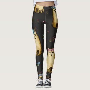 Leggings Fleurs de chats mignons Motif d'aquarelle