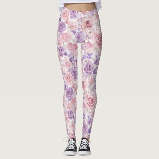 Leggings Fleurs de cœurs de teint rose violet (Devant)
