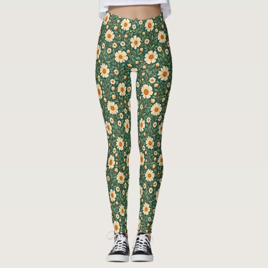 Leggings Fleurs de crème sur vert (Devant)