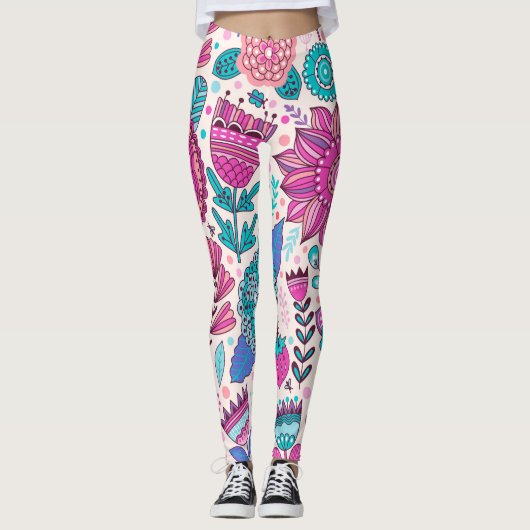 Leggings Fleurs de gribouillis botaniques, texture transpar (Devant)