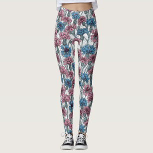 Leggings Fleurs de maïs roses et bleues, fleurs sauvages su