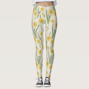 Leggings Fleurs de narcisse jaunes vintage sur ivoire