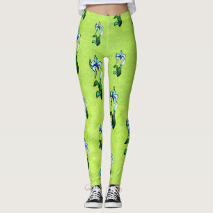 Leggings Fleurs de néon bleu vert sur vert abstrait