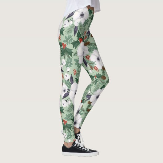 Leggings Fleurs de Noël blanches et motif de baies rouges (Droite)