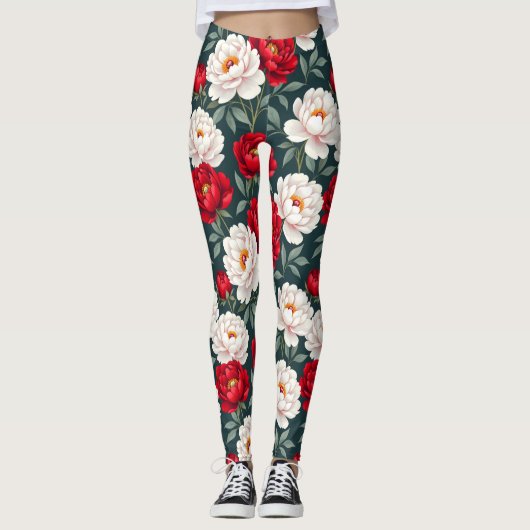 Leggings Fleurs de pivoine rouges et blanches (Devant)