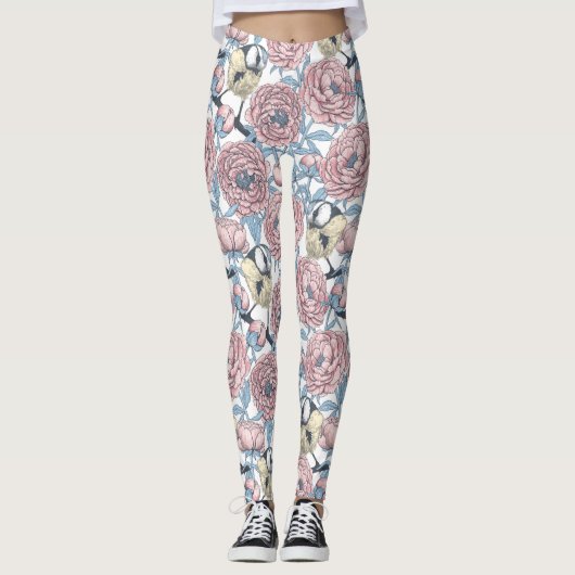 Leggings Fleurs de pivoines et oiseaux (Devant)