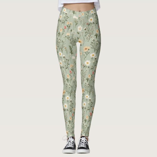 Leggings Fleurs de prairie sur vert (Devant)