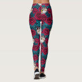 Leggings Fleurs de roses rouges et oiseaux d'or (Dos)