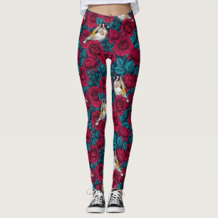 Leggings Fleurs de roses rouges et oiseaux d'or
