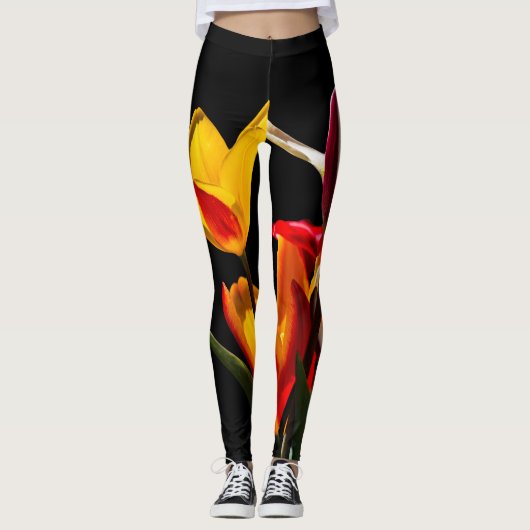 Leggings Fleurs de Tulipe arrière - plan noir (Devant)